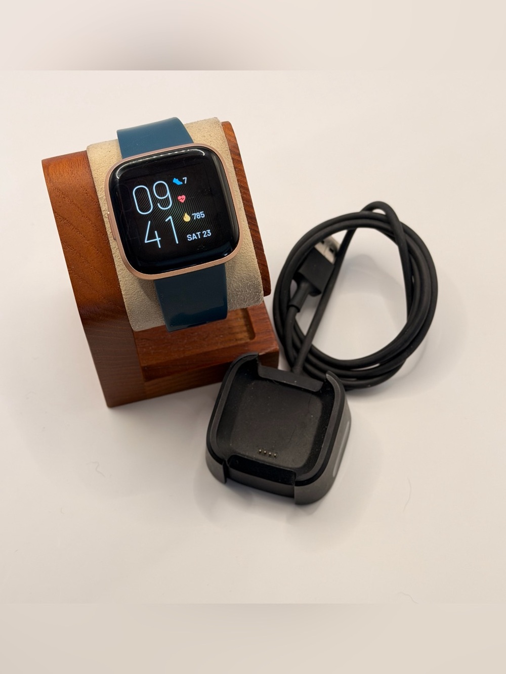 Fitbit Versa 2, Tested, Excellent, Charger Included, Rose Gold/ Green Band